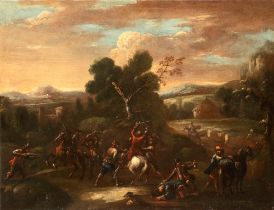 Neapolitan school, XVII century - Attack of bandits in a landscape