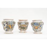 Lot consisting of three polychrome majolica vases, probably Cerreto, 18th century
