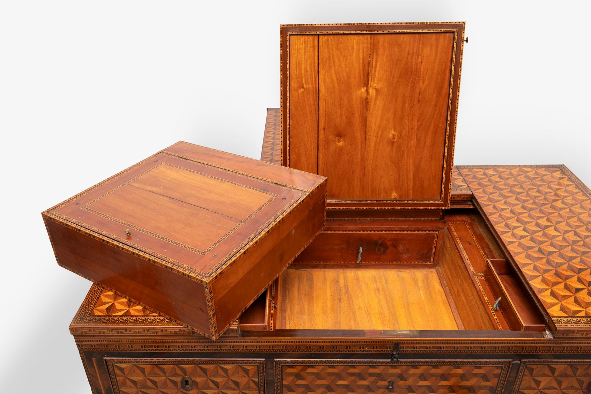 Exceptional Louis XVI center desk inlaid in various essences with geometric motifs, Northern Italy, - Image 15 of 22