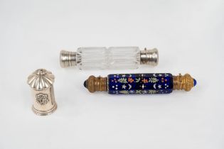 Two metal and crystal bottles and a perfume dispenser, 19th century