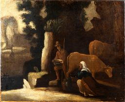 Roman school, XVII century - Milking scene in a landscape