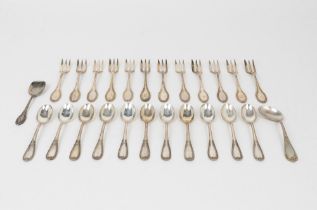 Lot consisting of thirteen teaspoons and twelve silver forks