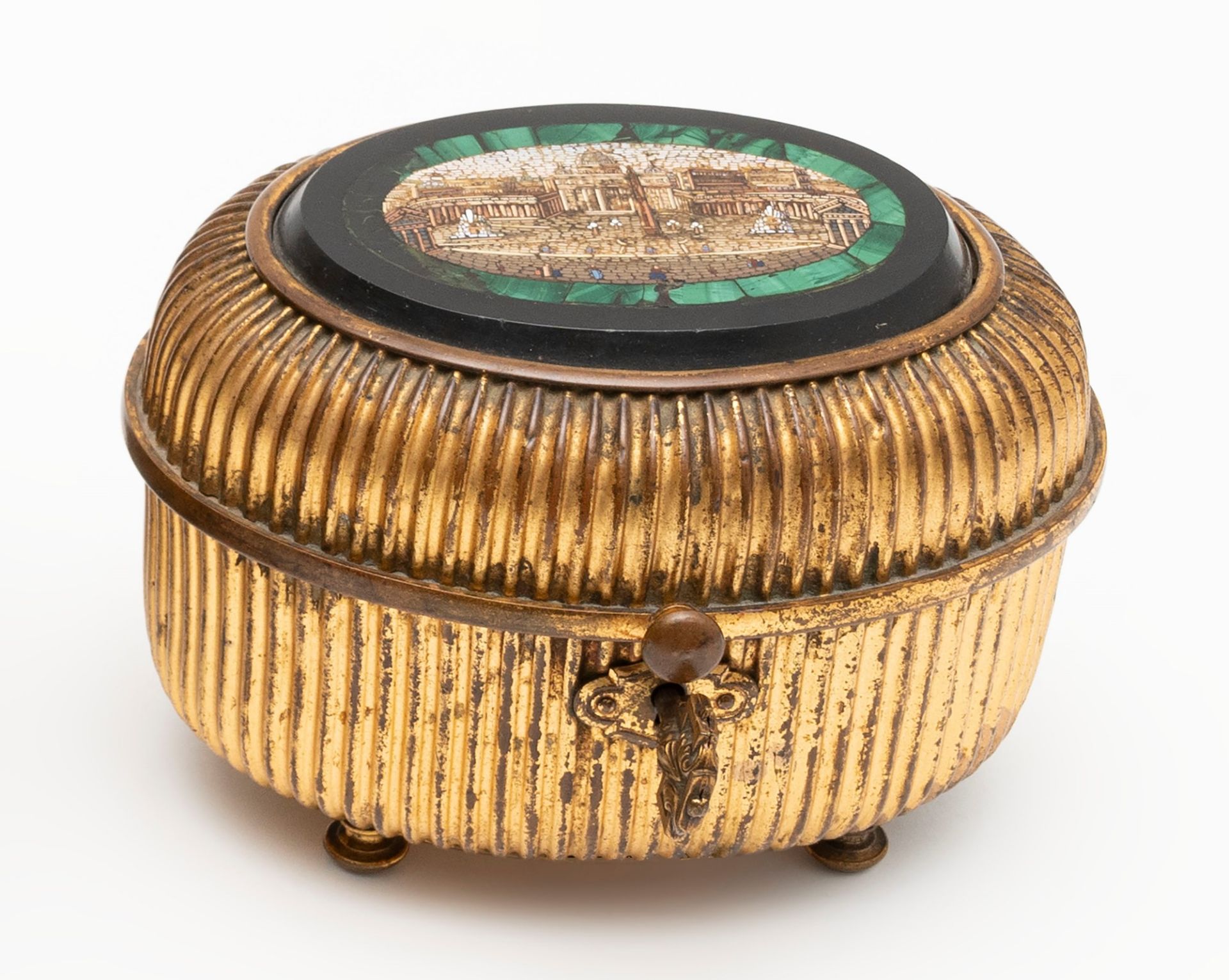 Gilded bronze box with lid in black Belgian marble, malachite and micromosaic depicting St. Peter's