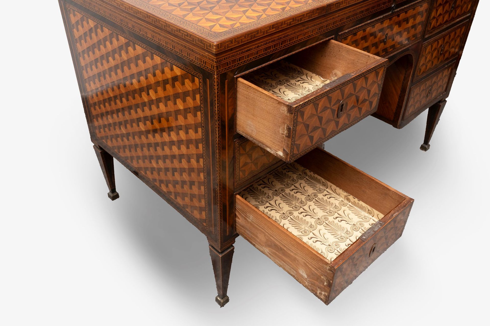 Exceptional Louis XVI center desk inlaid in various essences with geometric motifs, Northern Italy, - Image 17 of 22
