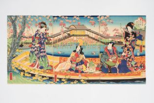 Lot consisting of a triptych of woodcuts depicting samurai and geishas on boats, Japan, Edo period