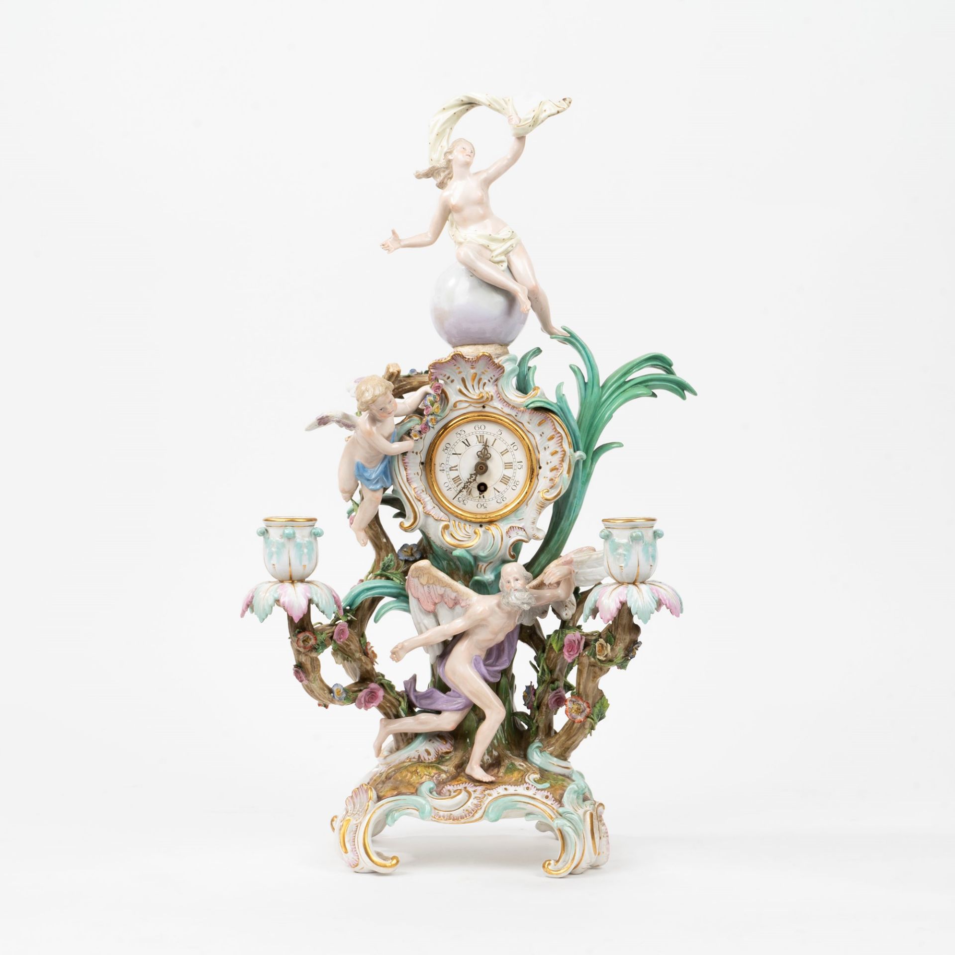 Polychrome porcelain table clock depicting the Truth revealed by Time, Meissen manufacture, 19th cen