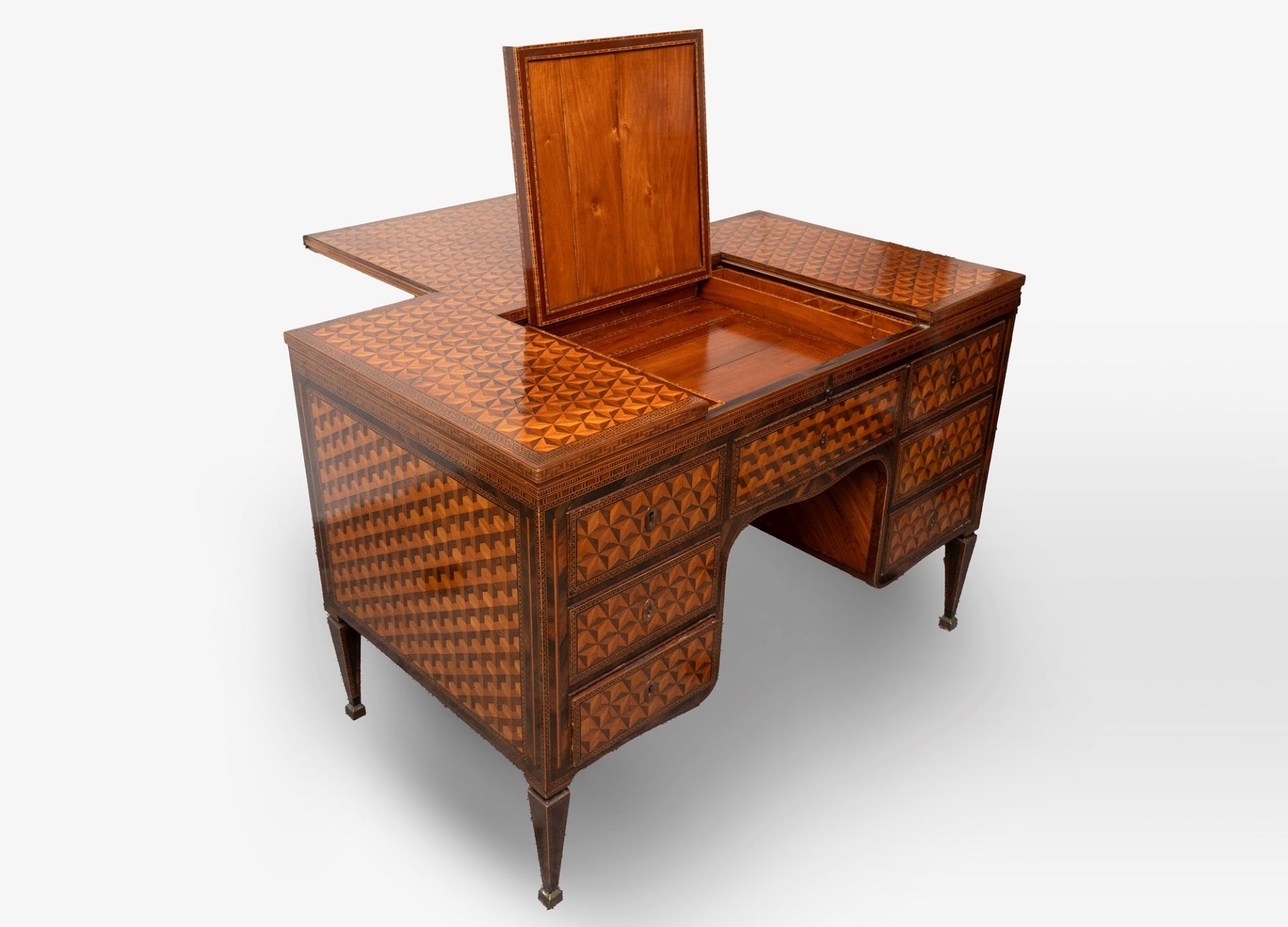 Exceptional Louis XVI center desk inlaid in various essences with geometric motifs, Northern Italy, - Image 7 of 22