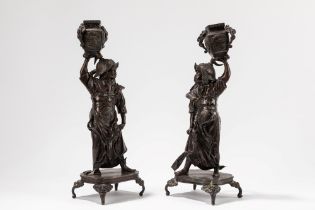 PAIR OF BRONZE CANDLE HOLDERS. Japan, Meiji period