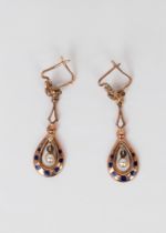 Pair of earrings in 9k rose gold with en, collins and zircons, 20th century