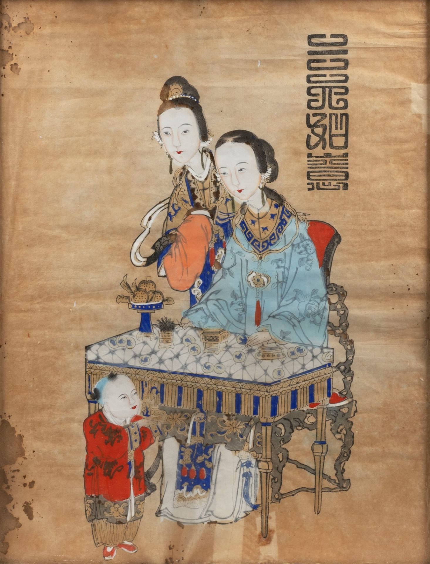 Print depicting two women and a child, China, 19th century