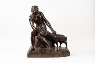 Italian school, XIX century - Wooden sculpture depicting a boy with a goat