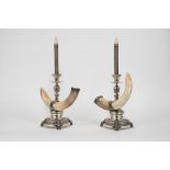 Pair of silver candlesticks with warthog teeth, 20th century