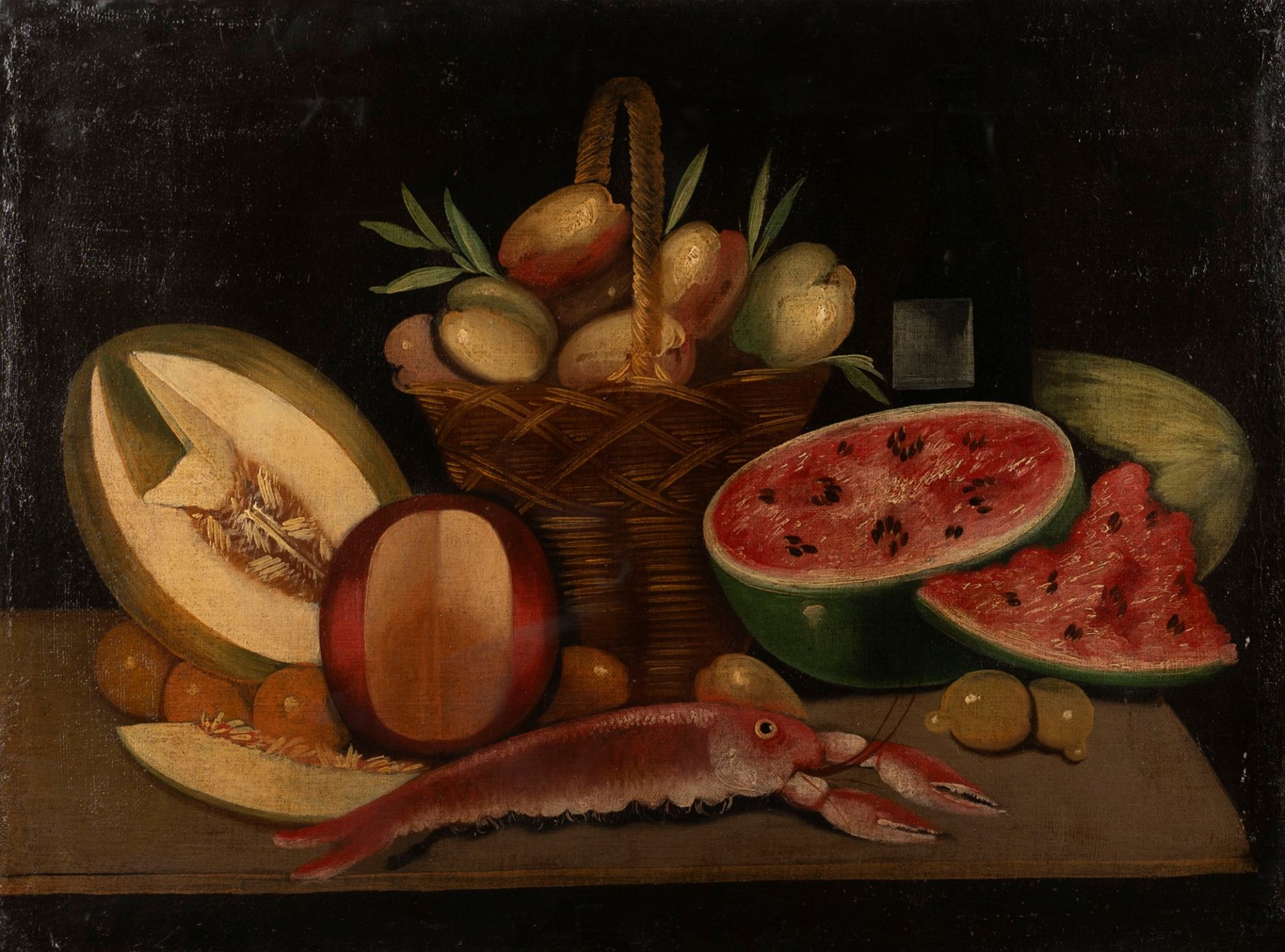 Maniera of Abraham Brueghel - Watermelon, pomegranates and other fruits and a lobster on a table