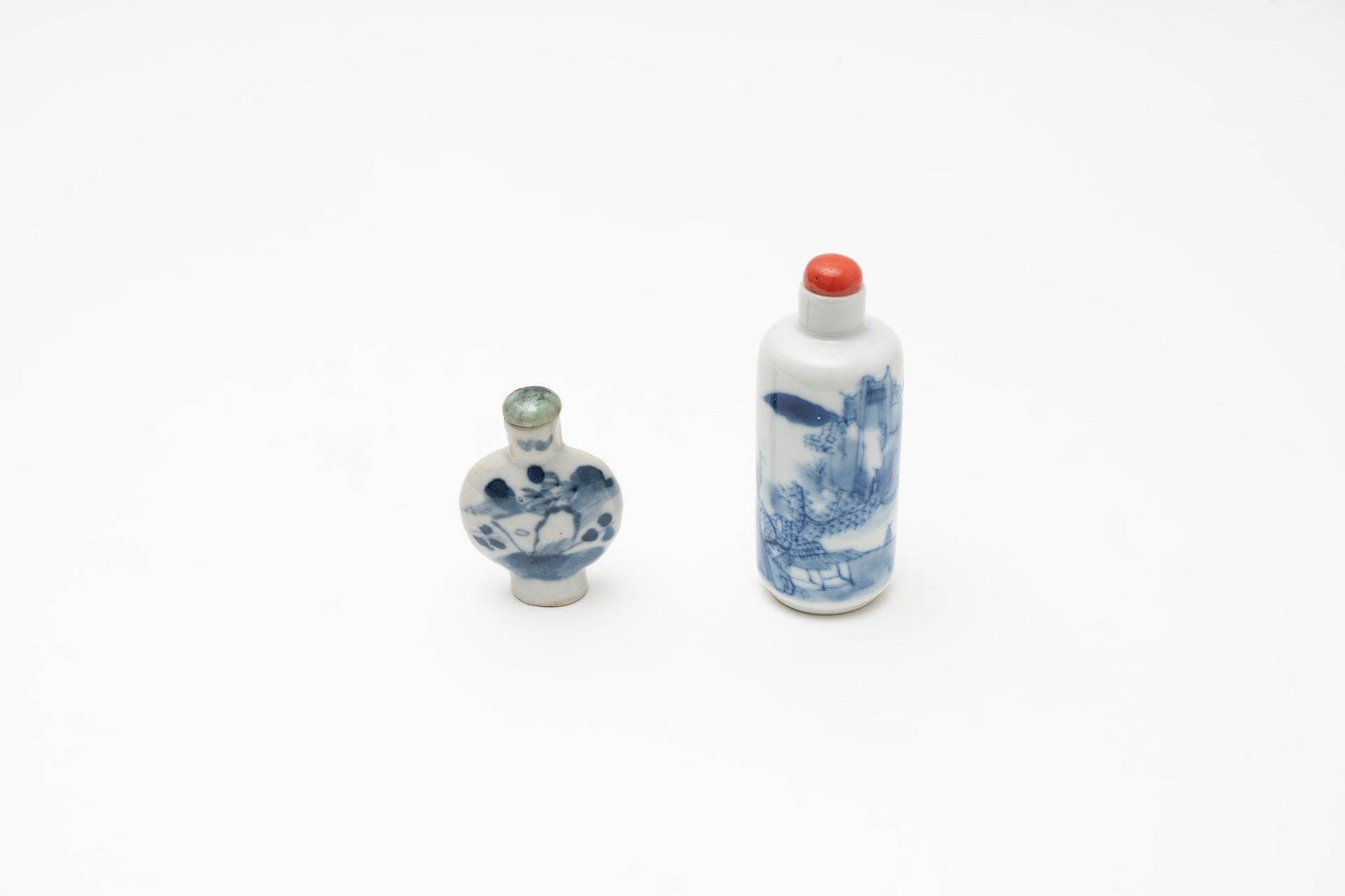 Two blue and white porcelain snuff bottles, China, late 19th century - early 20th century