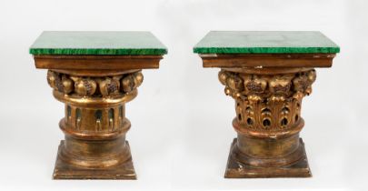 Two carved and gilded wooden bases with imitation malachite scagliola top, 20th century