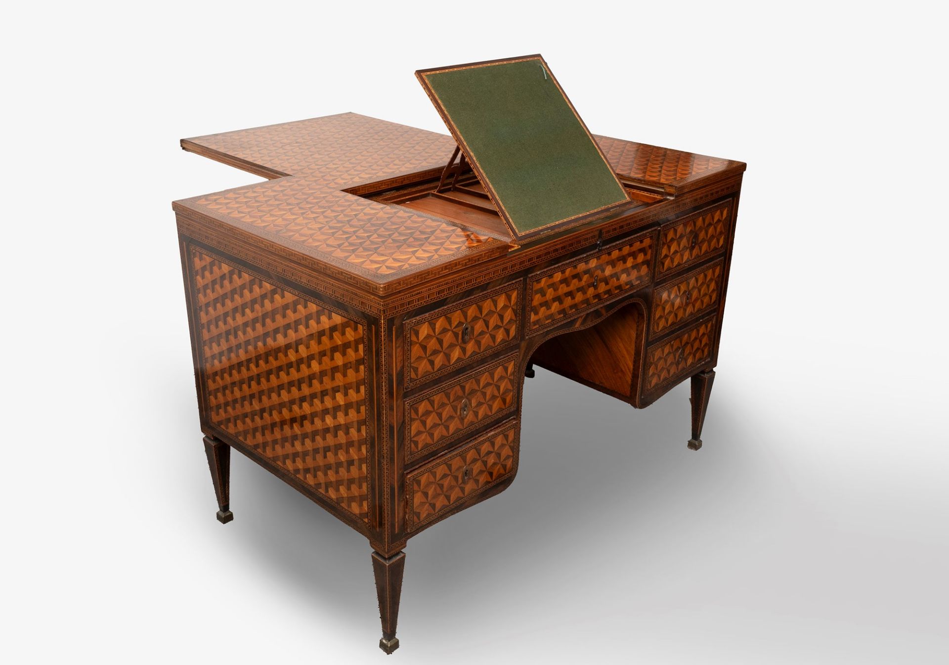 Exceptional Louis XVI center desk inlaid in various essences with geometric motifs, Northern Italy, - Image 4 of 22