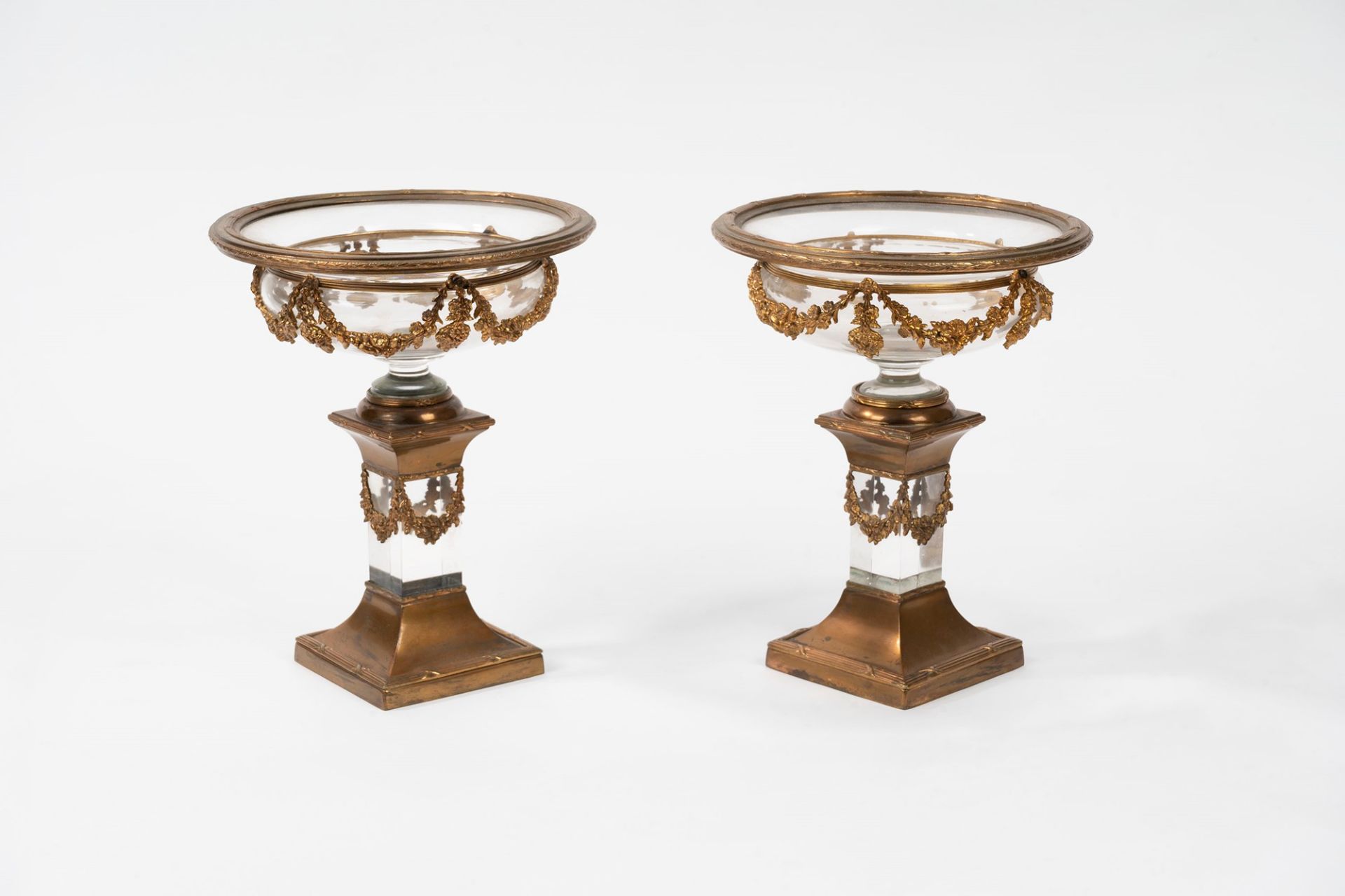 Pair of gilded bronze and crystal risers, France, 20th century