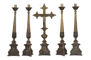 Lot consisting of four candlesticks and a gilded bronze crucifix, 19th century