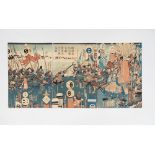 Lot consisting of a triptych of woodcuts depicting a samurai battle, Japan, Edo period