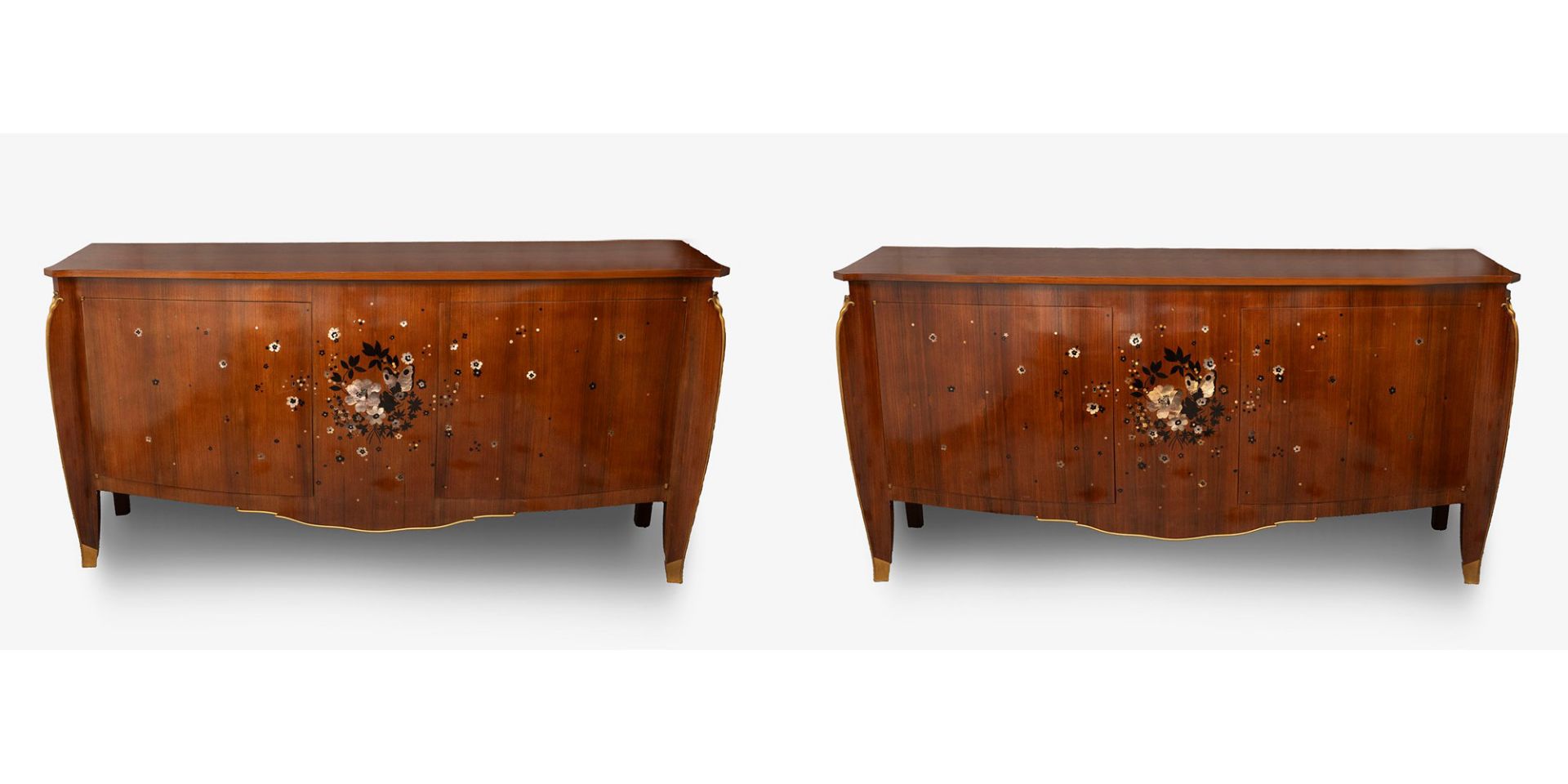 Jules Leleu - Important and rare pair of commodes inlaid with mother of pearl and various woods