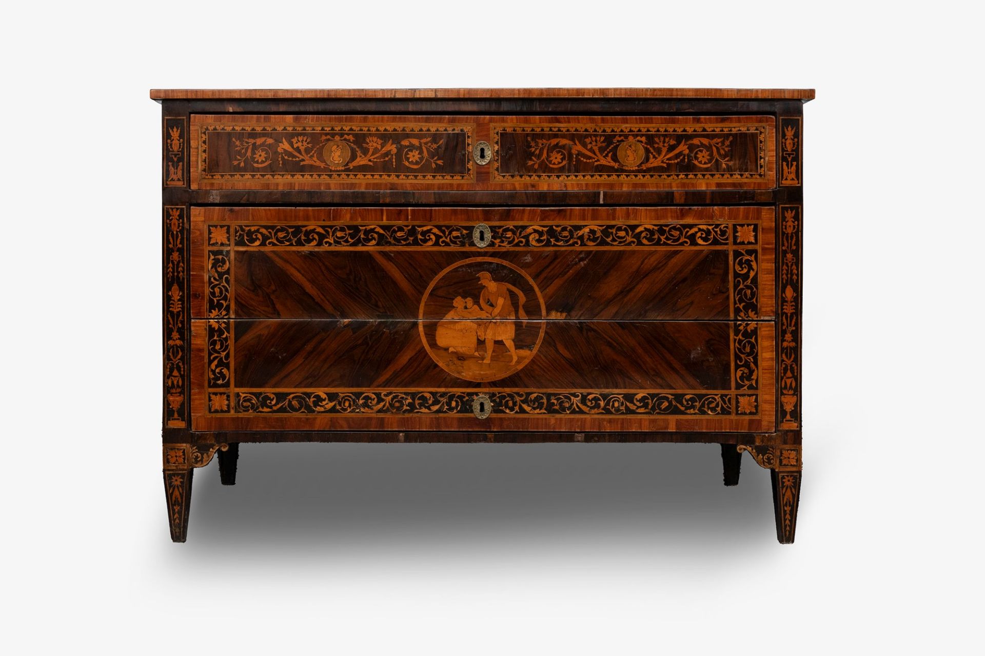 Beautiful Louis XVI commode elegantly inlaid in various woods, Lombardy 18th century