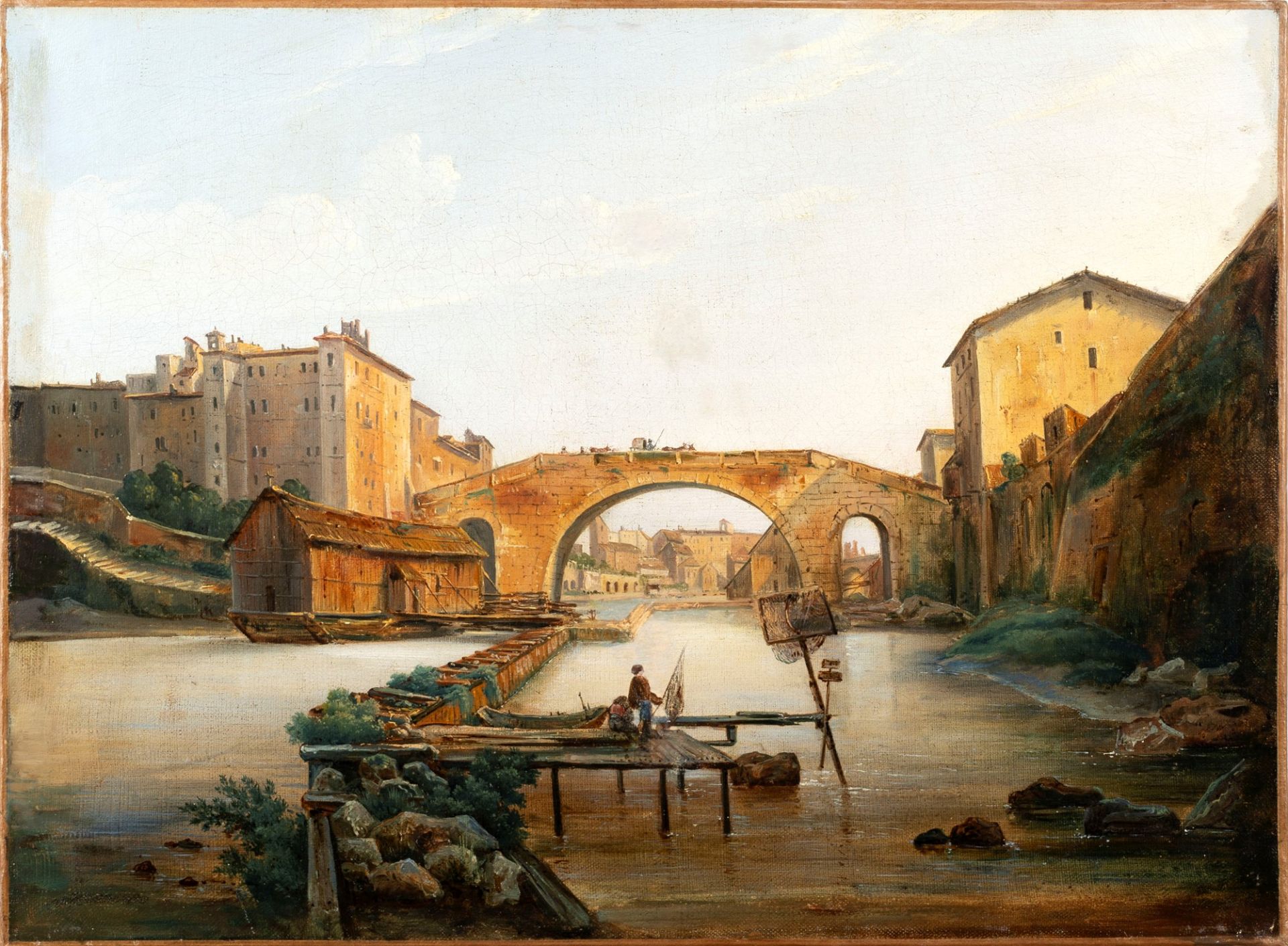 Roman school, XIX century - View of the ancient Cestius Bridge with the Tiber Island