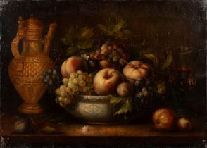 Flemish school, XVIII century - Fish, white grapes and black grapes, a jug and a glass of red wine