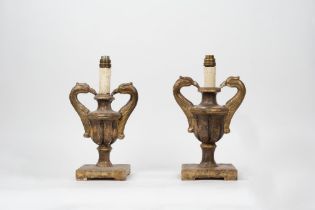 Pair of carved and gilded wooden palm holders in Mecca with swan-shaped handles, 18th century