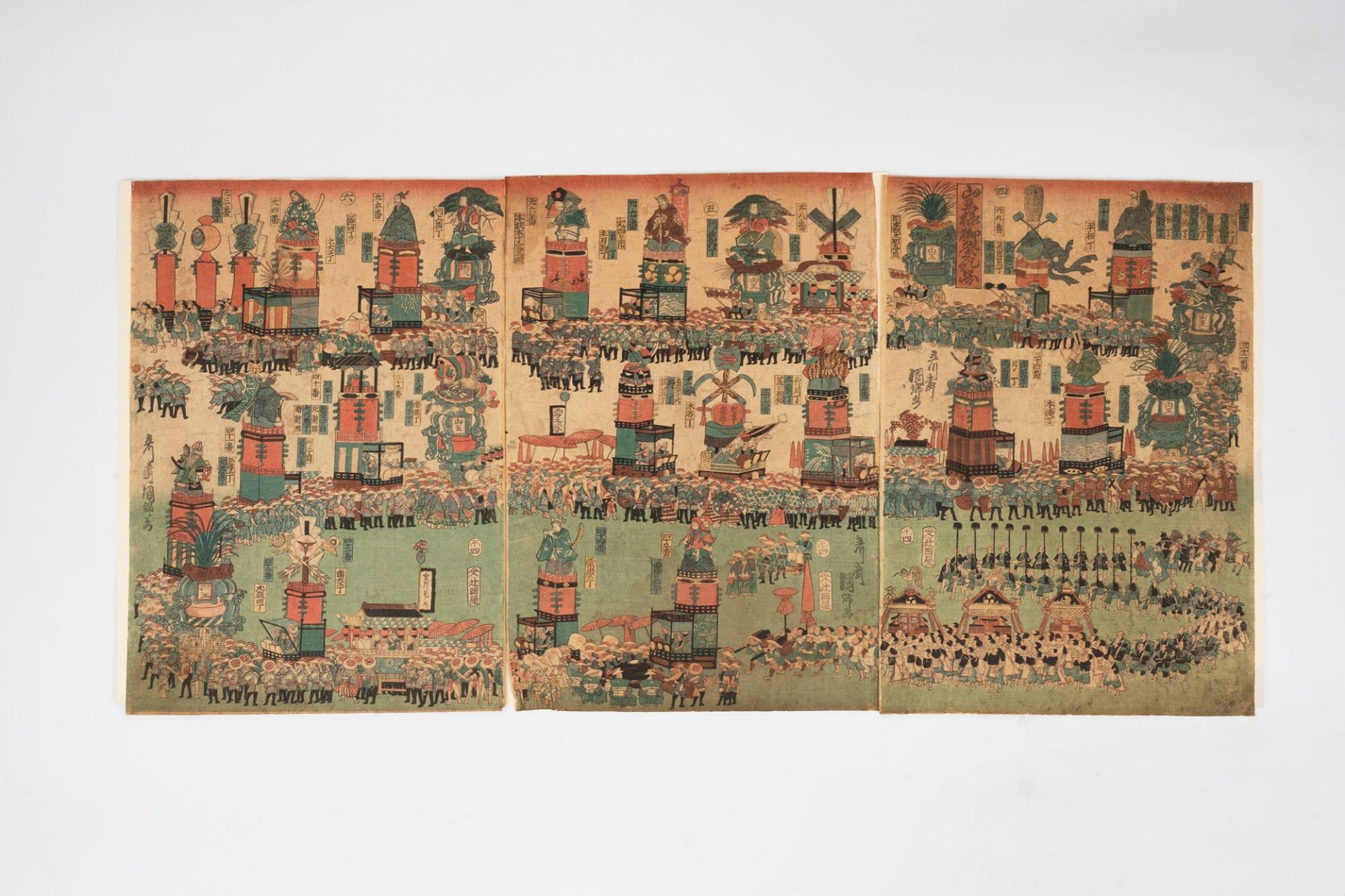 Lot composed of a triptych of woodcuts depicting a ceremony, Japan, Edo period