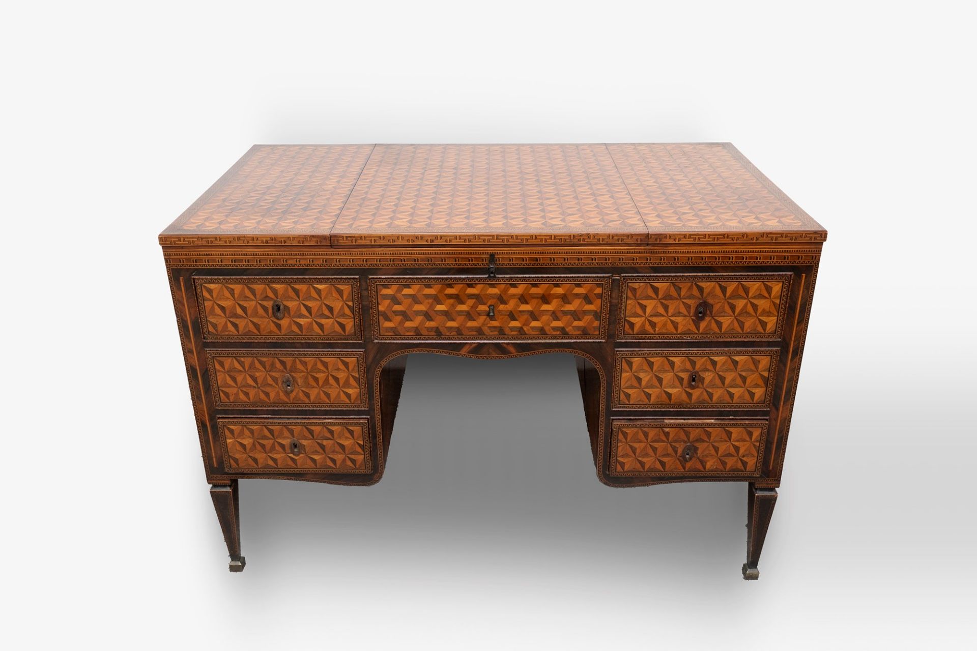 Exceptional Louis XVI center desk inlaid in various essences with geometric motifs, Northern Italy, - Image 2 of 22