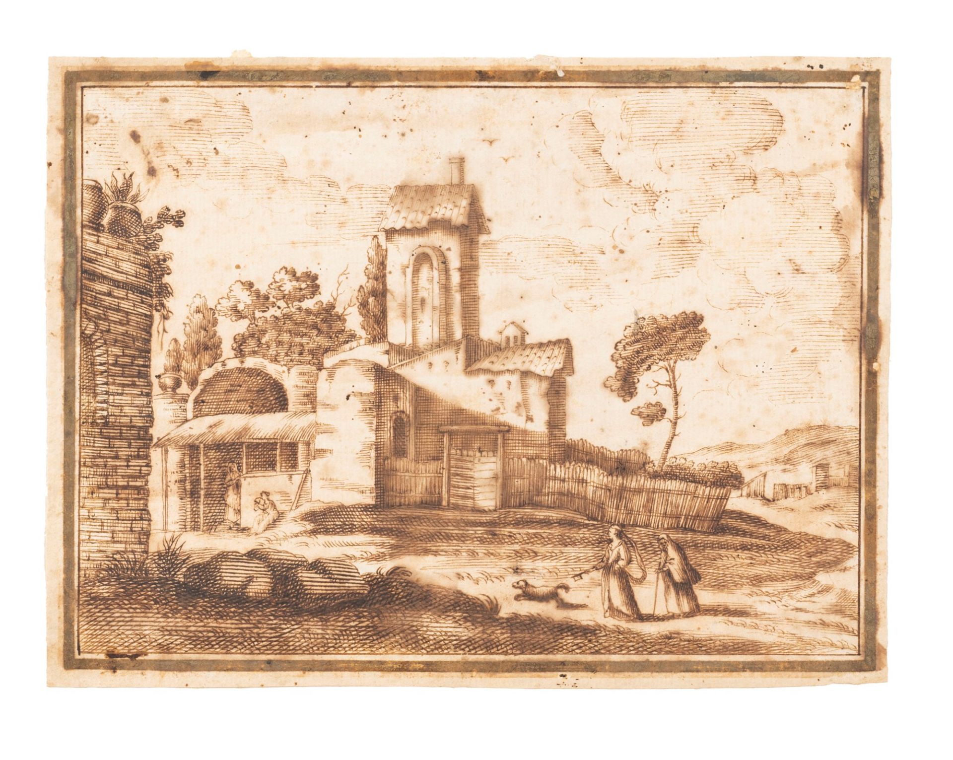 Tuscan school, sixteenth century - Landscape with farmhouse and female figures