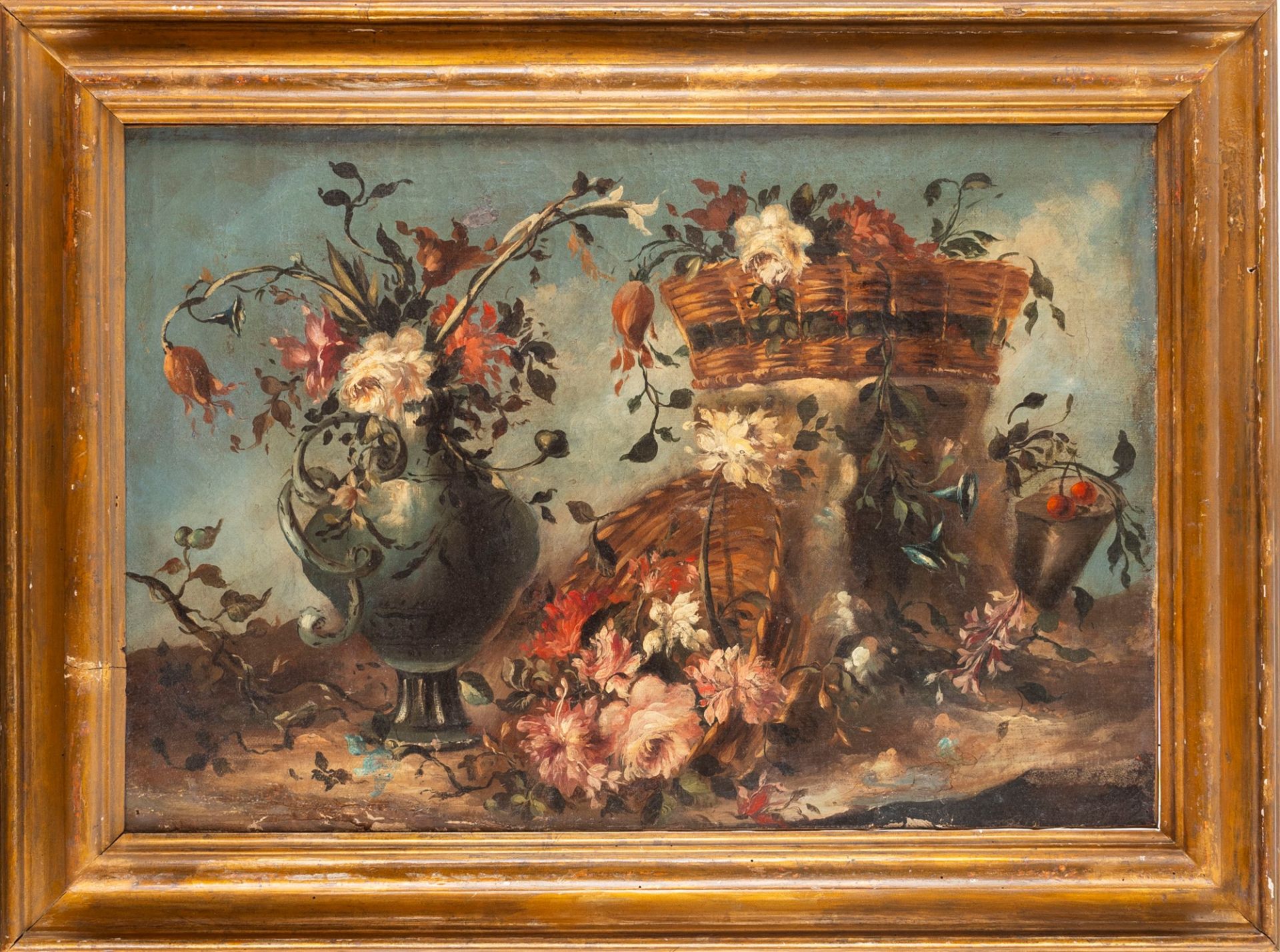 Follower of Francesco Guardi - Still life with vase and baskets of flowers en plein air - Image 2 of 3