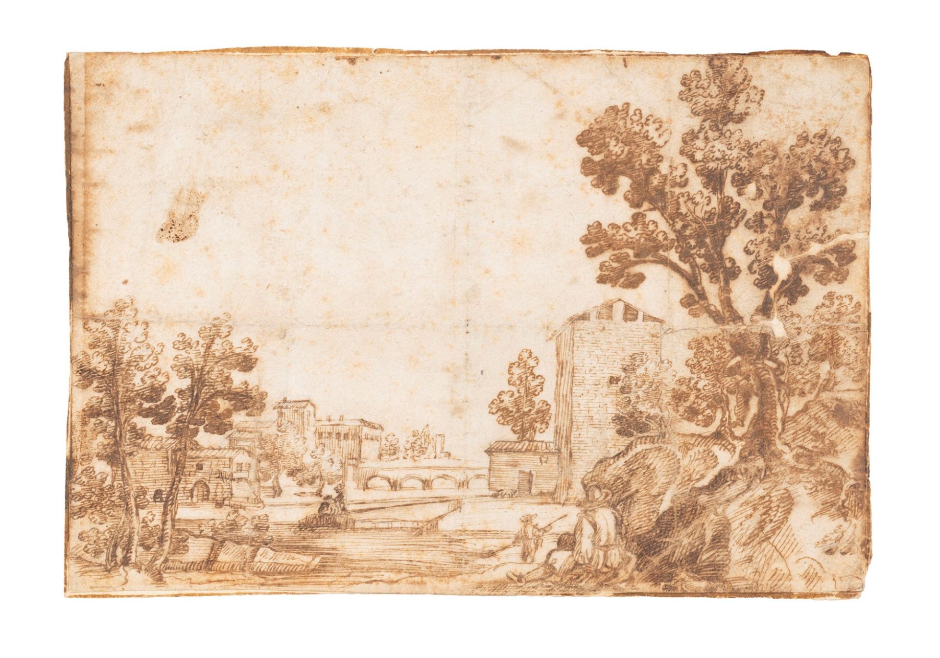 Tuscan school, sixteenth century - View of the city with bridge and tower