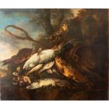 Giovanni Crivelli, known as Crivellino (Milano ?-Parma 1760) - Fish and mushrooms near a wooden bas