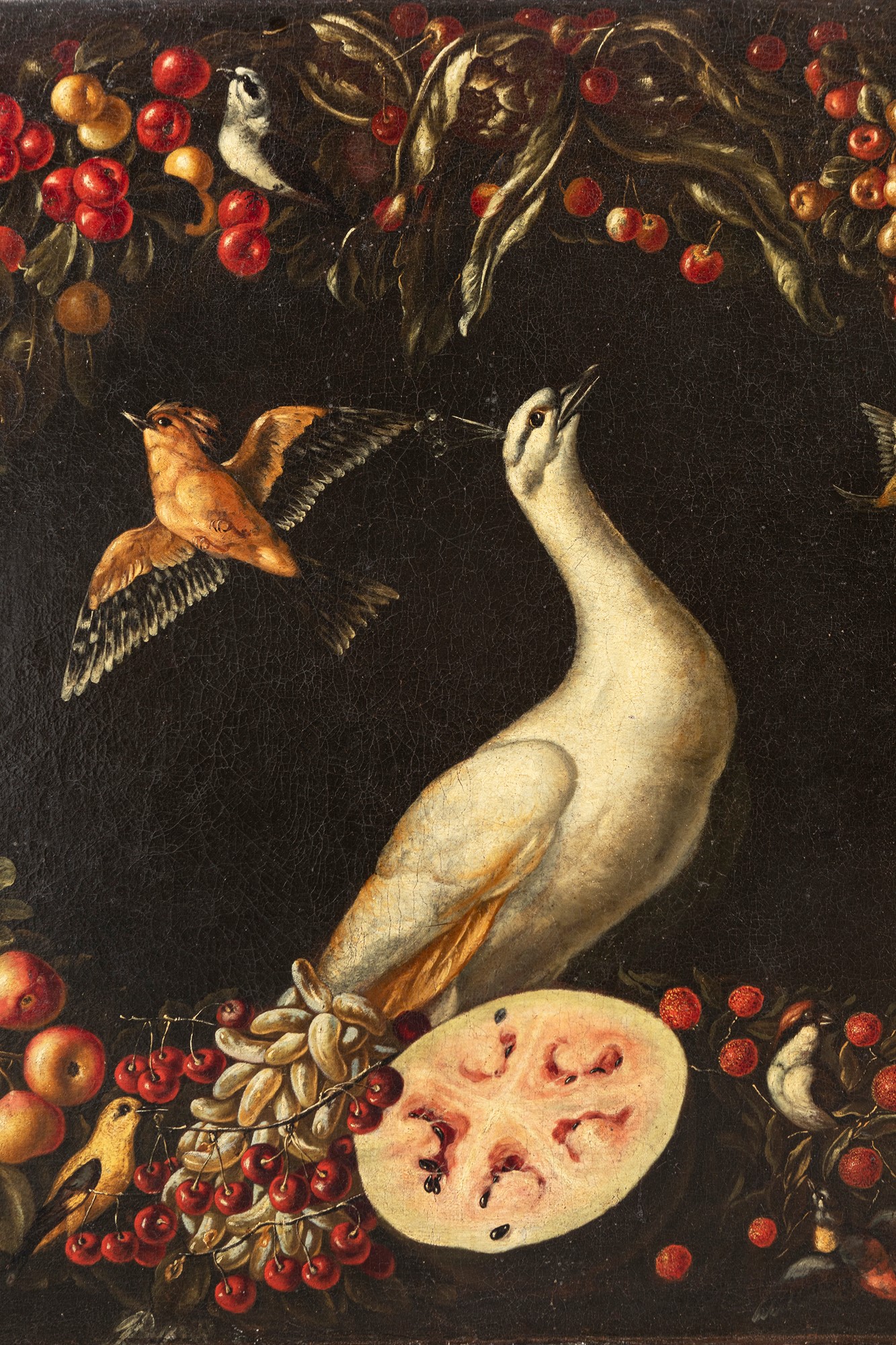 Neapolitan school, XVII century - Garland of fruit and vegetables with white peacock and other birds - Image 6 of 7