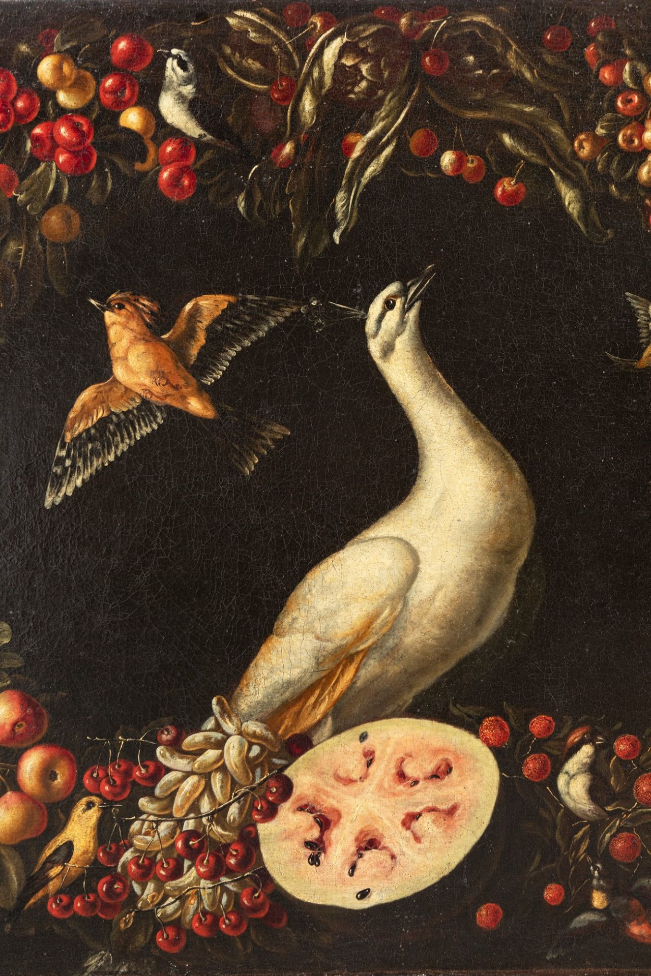 Neapolitan school, XVII century - Garland of fruit and vegetables with white peacock and other birds - Image 6 of 7