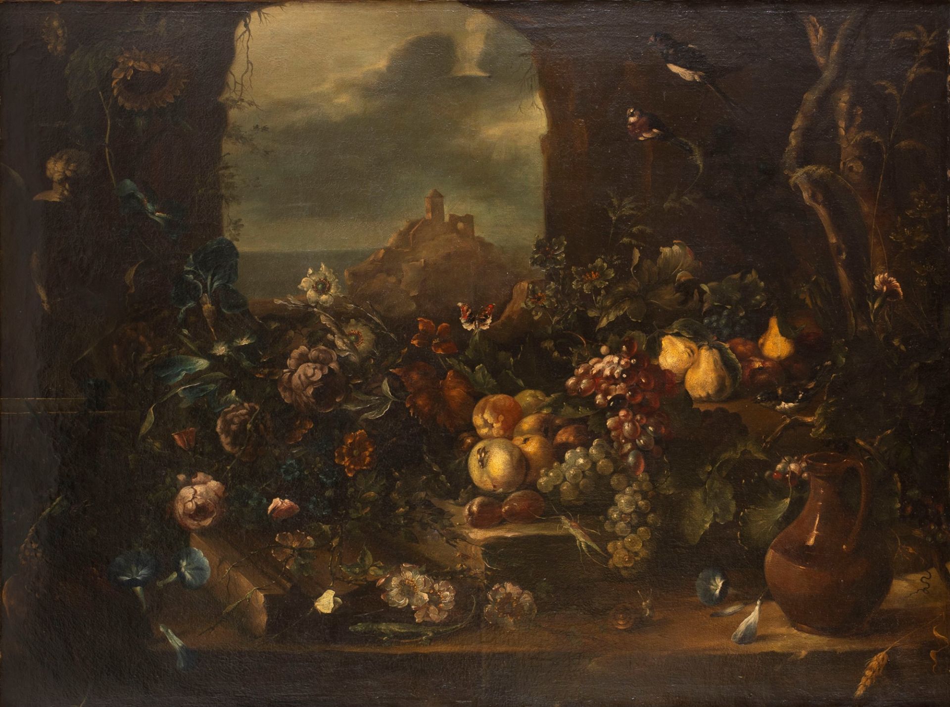 Flemish School, XVII century - Triumph of flowers and fruit with a garden in the distance