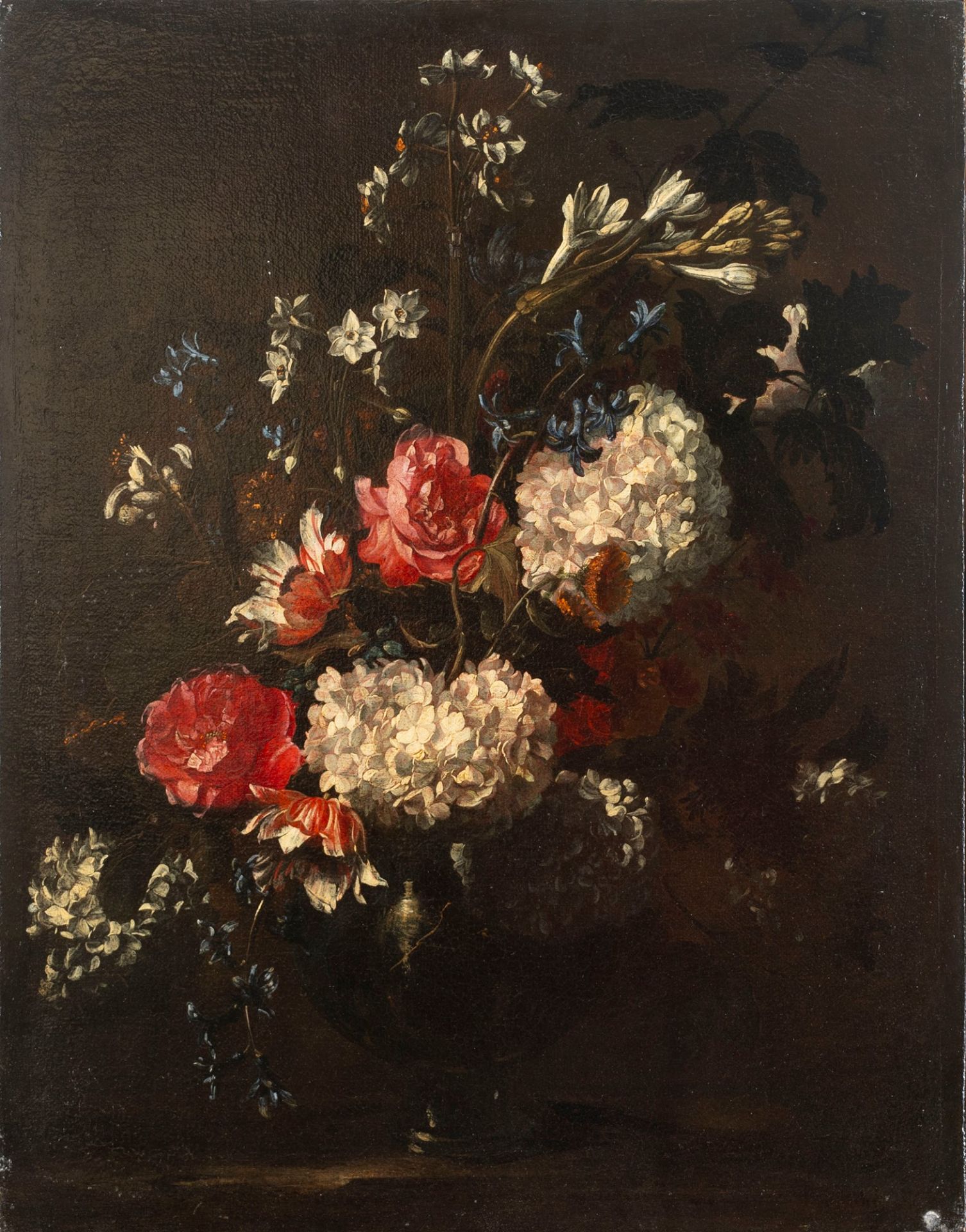 Andrea Belvedere (Napoli 1646/ 1652-1732) - Roses, peonies and other flowers in a glass vase; Roses - Image 2 of 5