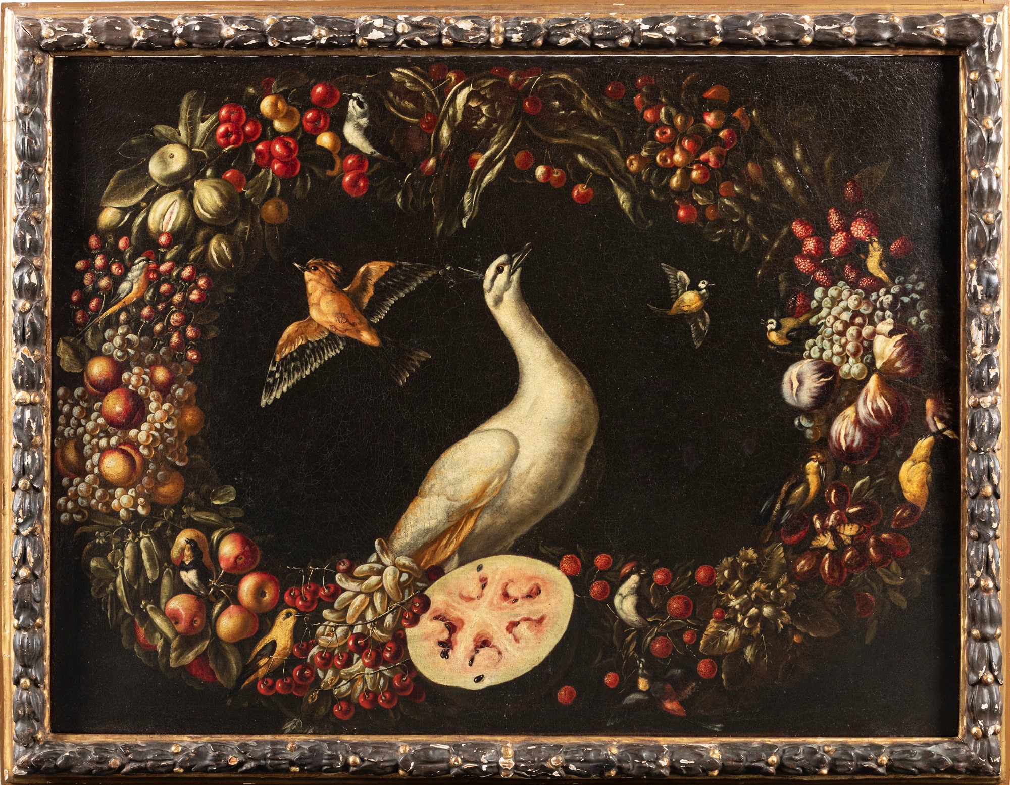 Neapolitan school, XVII century - Garland of fruit and vegetables with white peacock and other birds - Image 2 of 7