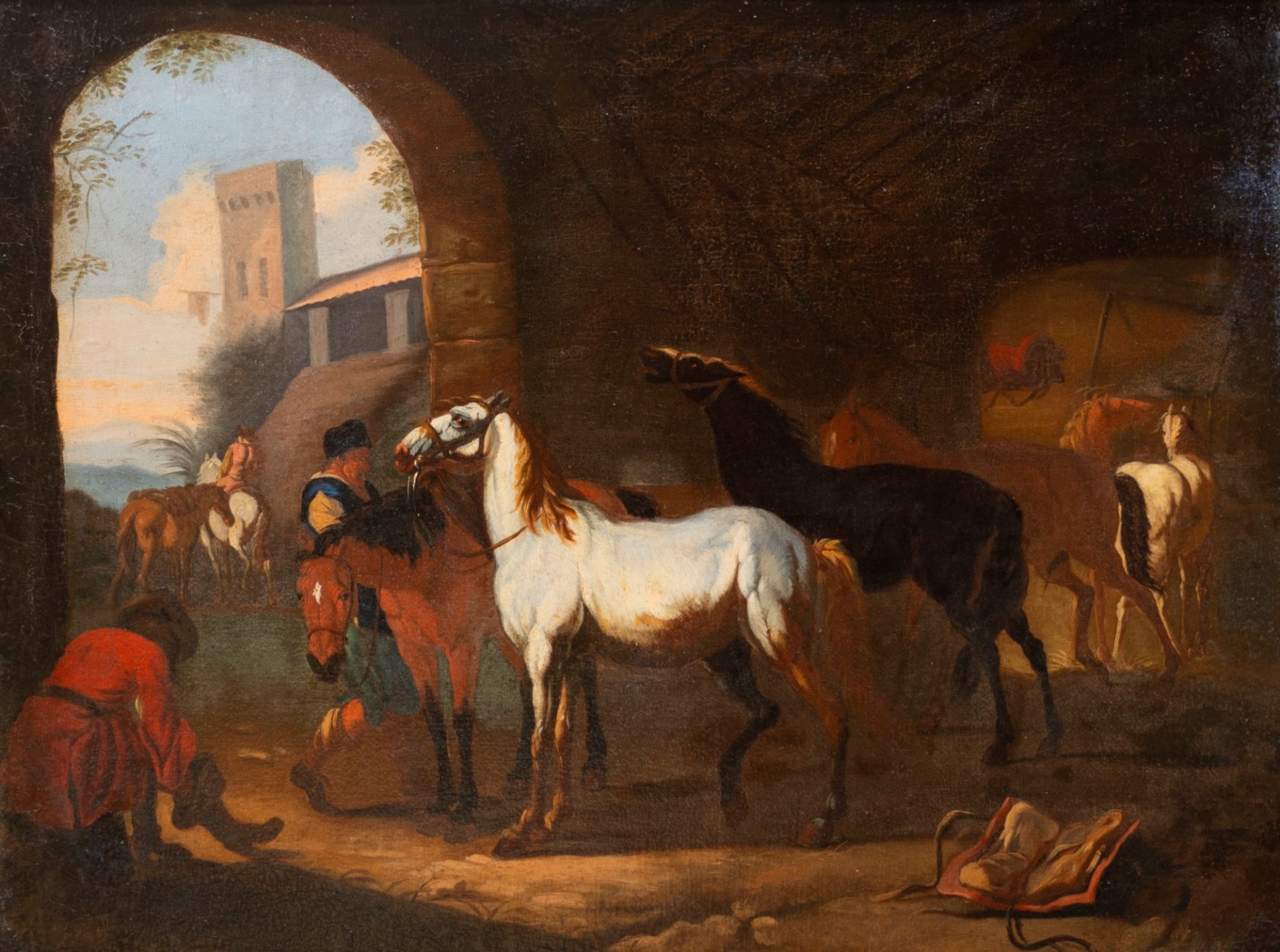 Flemish painter active in Italy, seventeenth century - Horses at rest with grooms