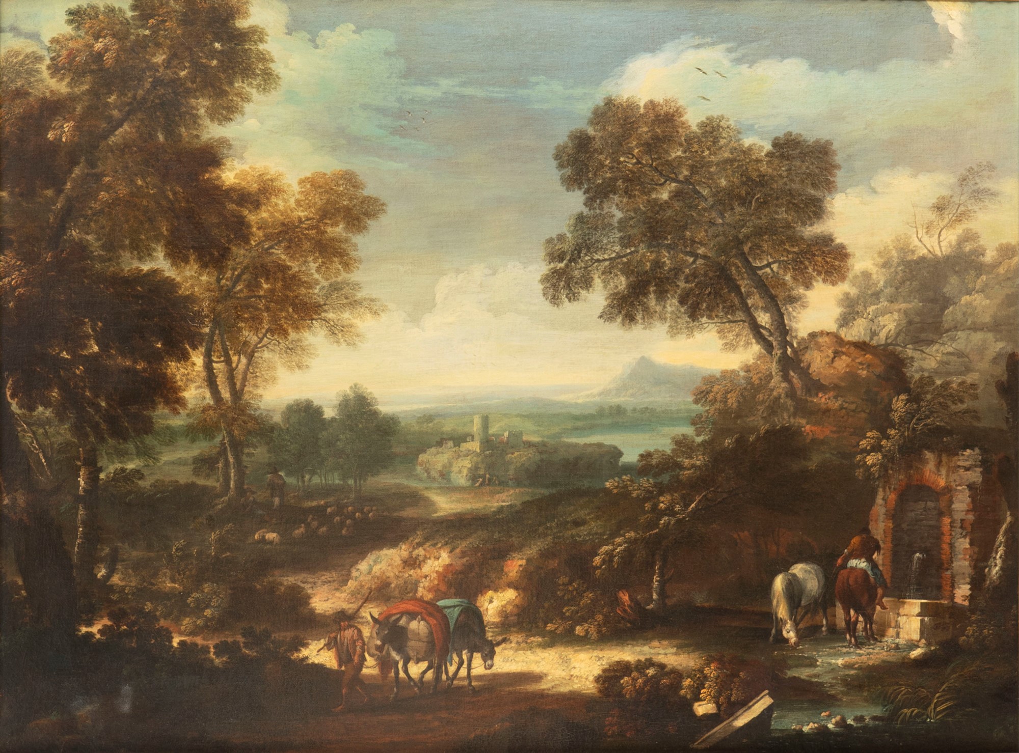 Attributed to Frederik de Moucheron (Emden 1633 – Amsterdam 1686) - Wooded landscape with wayfarers