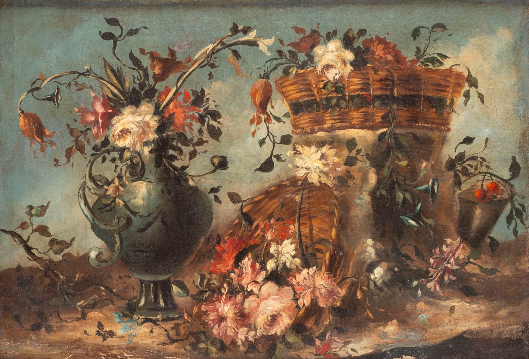 Follower of Francesco Guardi - Still life with vase and baskets of flowers en plein air