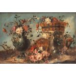 Follower of Francesco Guardi - Still life with vase and baskets of flowers en plein air
