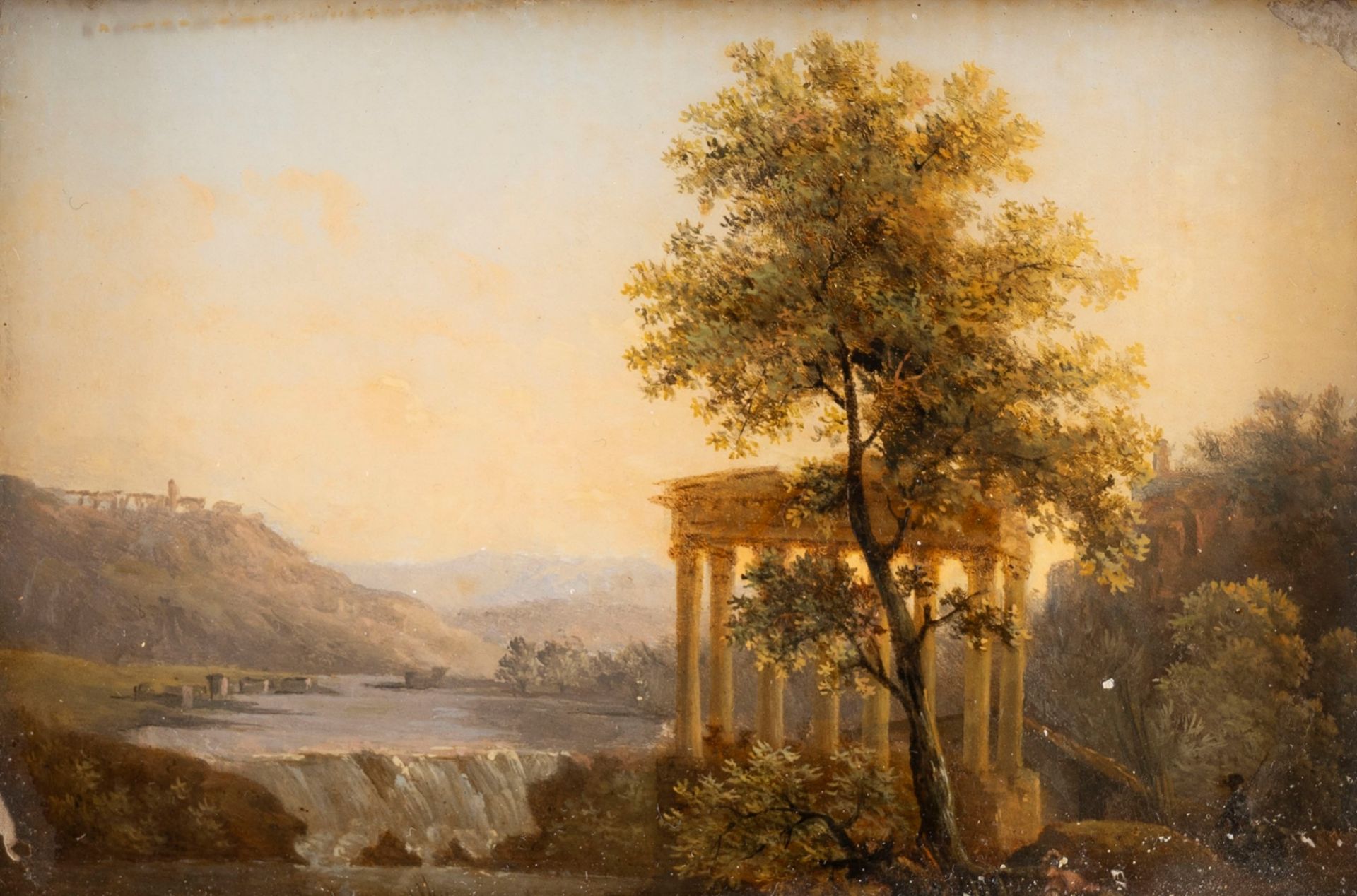 Italian School, XIX Century - Arcadian landscape with waterfall and classical temple