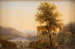 Italian School, XIX Century - Arcadian landscape with waterfall and classical temple