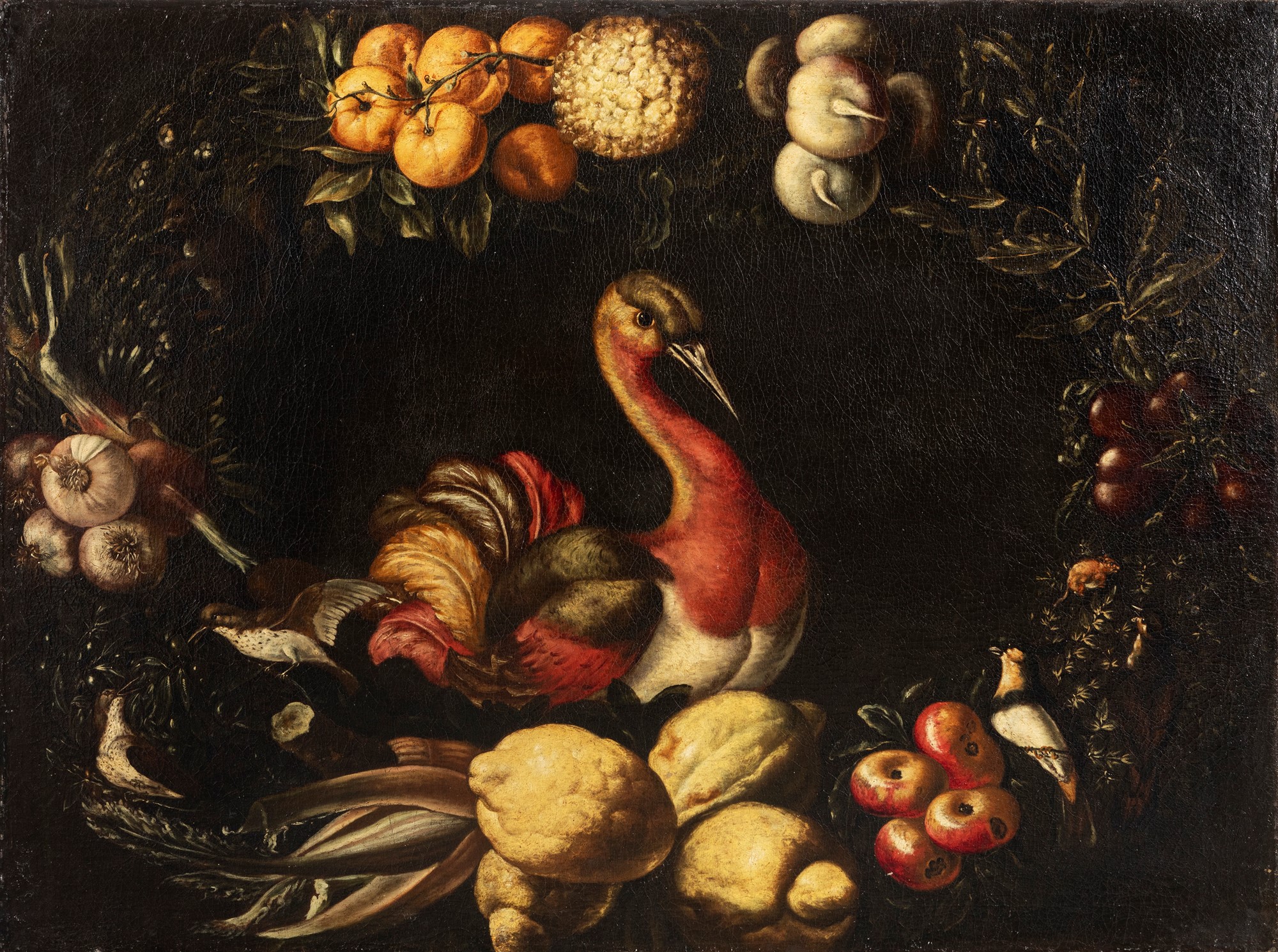 Neapolitan school, XVII century - Garland of fruit and vegetables with birds