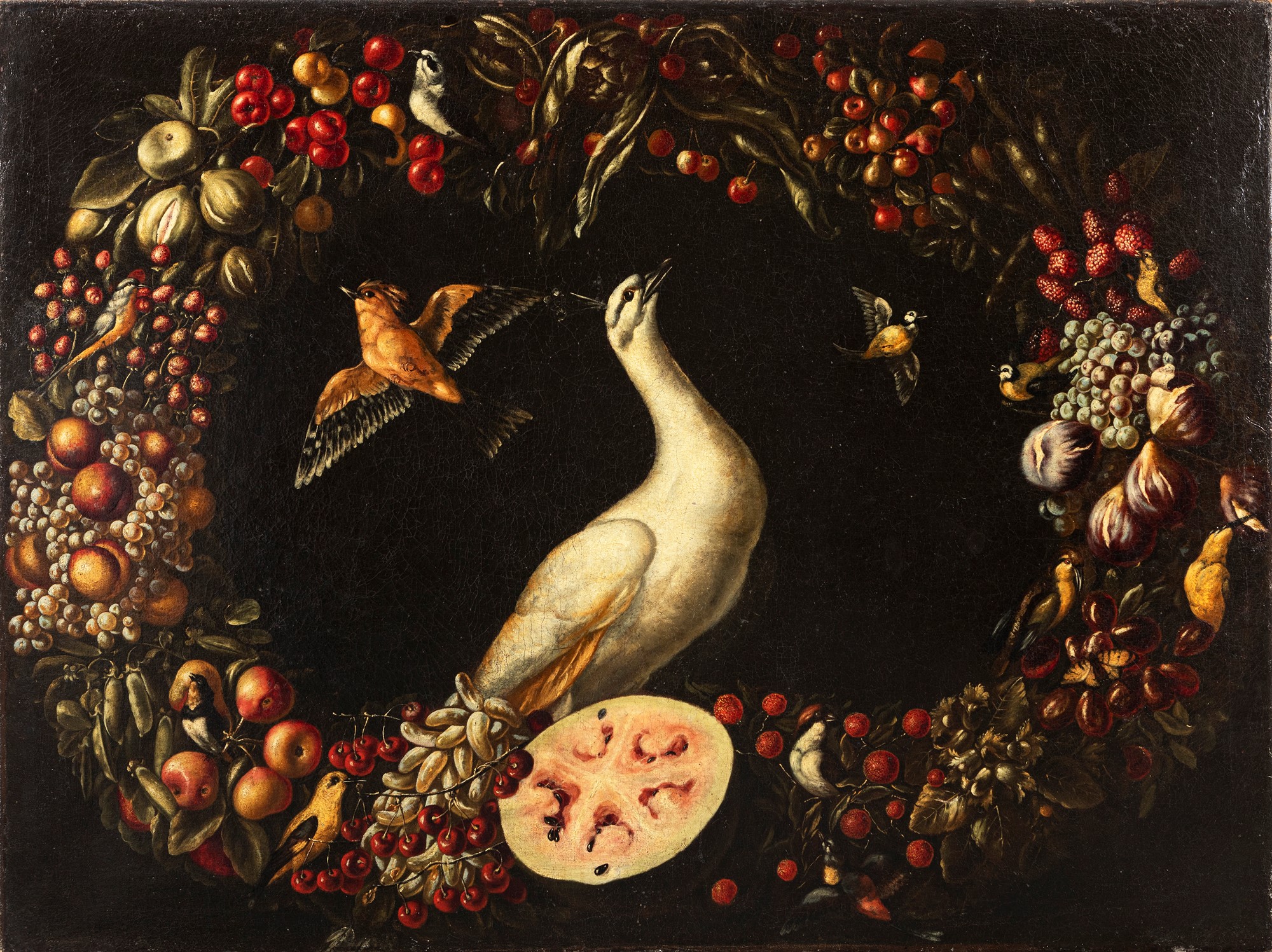 Neapolitan school, XVII century - Garland of fruit and vegetables with white peacock and other birds