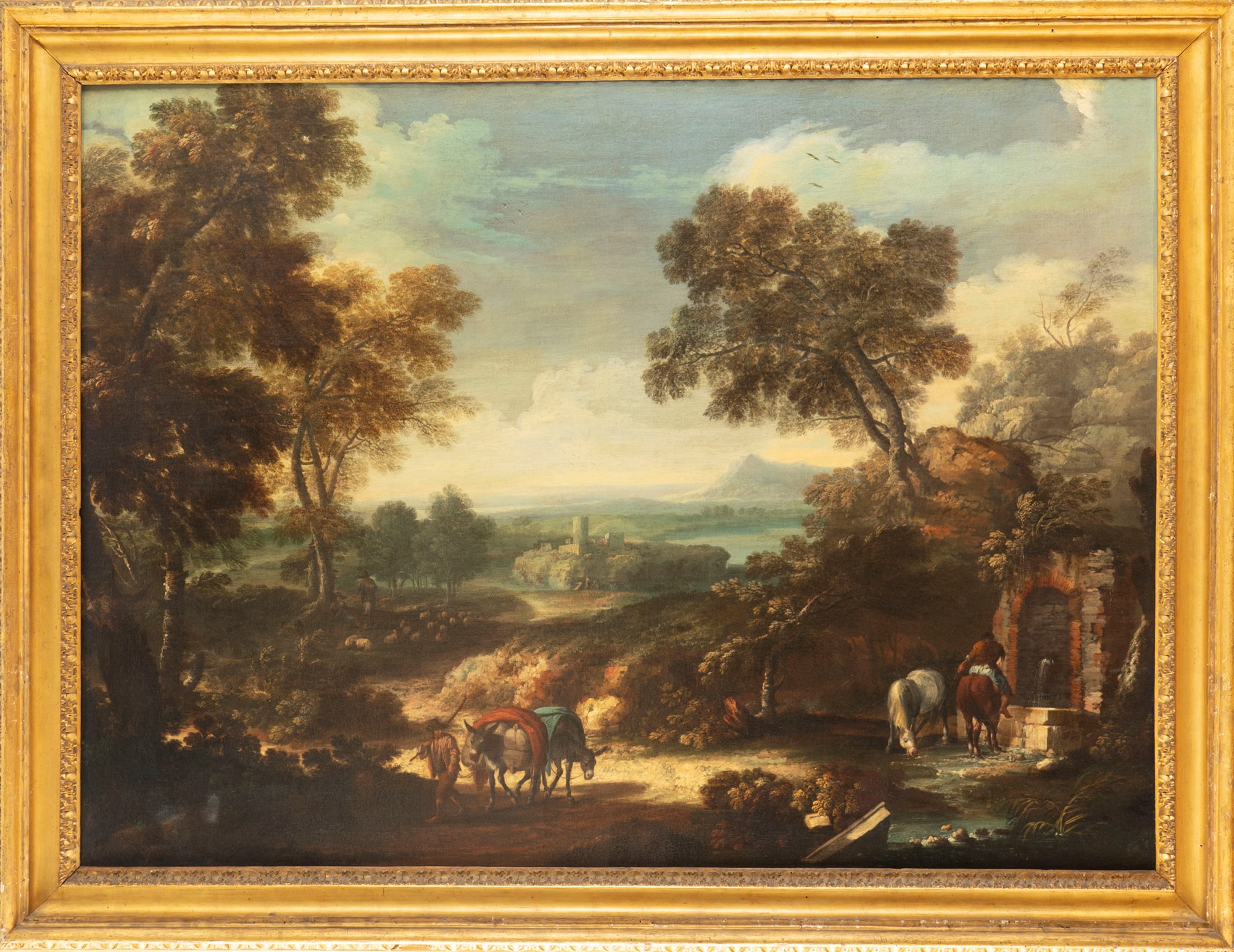 Attributed to Frederik de Moucheron (Emden 1633 – Amsterdam 1686) - Wooded landscape with wayfarers - Image 2 of 5
