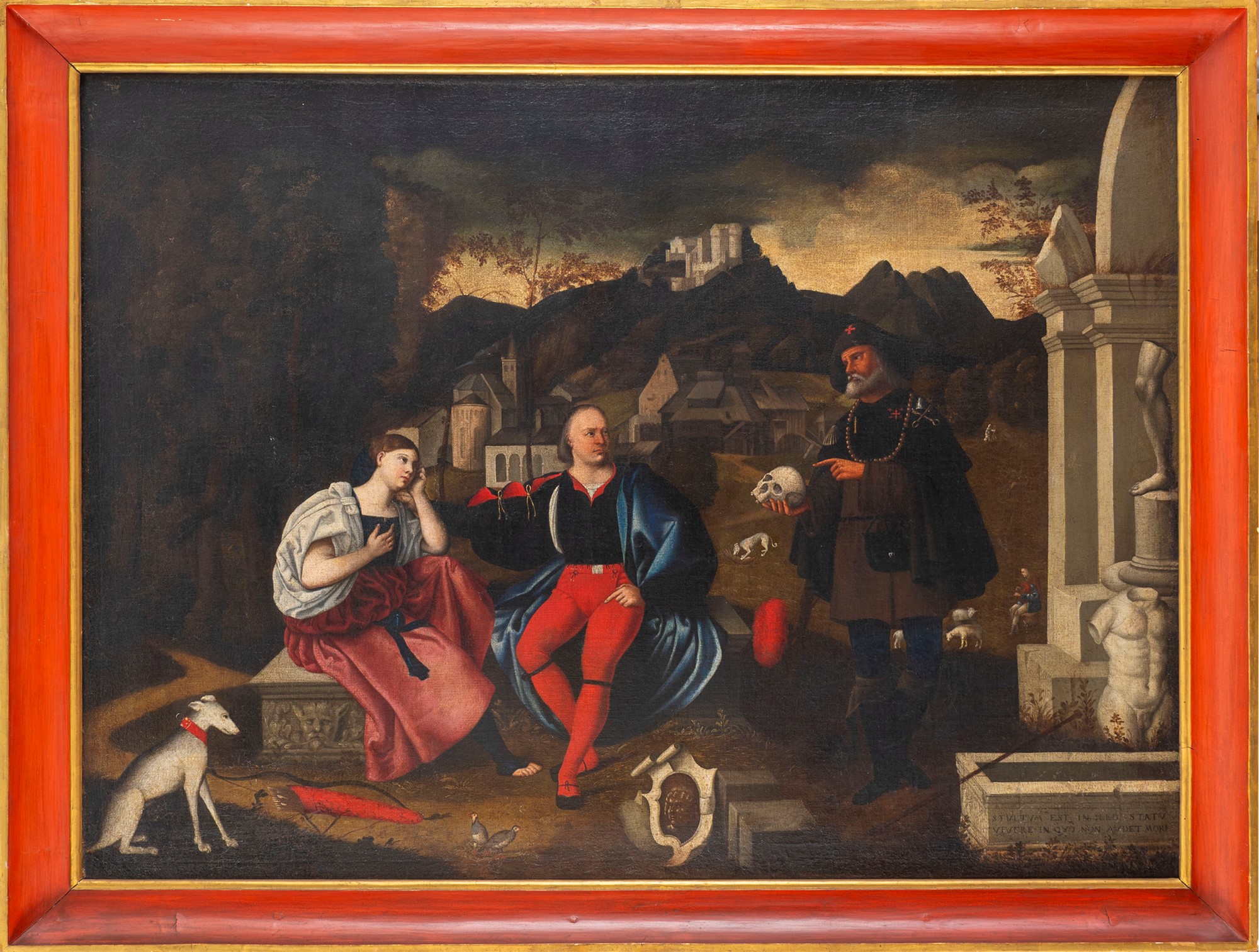 Venetian school, end of the sixteenth century - Allegorical scene with pilgrim admonishing two lover - Image 2 of 3