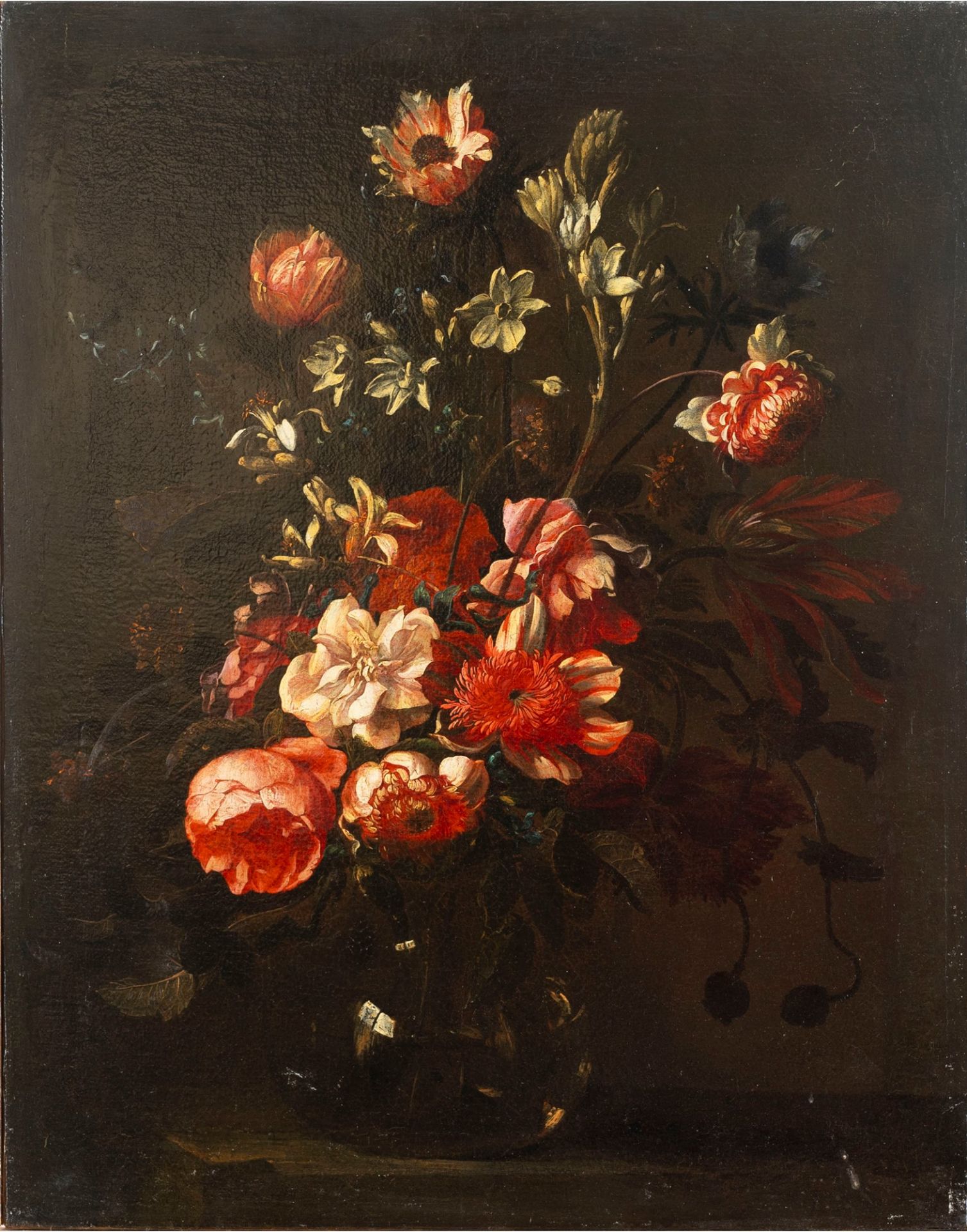 Andrea Belvedere (Napoli 1646/ 1652-1732) - Roses, peonies and other flowers in a glass vase; Roses - Image 4 of 5